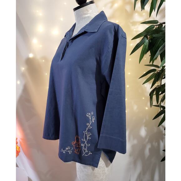 Disney Winnie the Pooh Linen Blend Embroidered Top Womens Size M Blue Collared - Picture 1 of 11